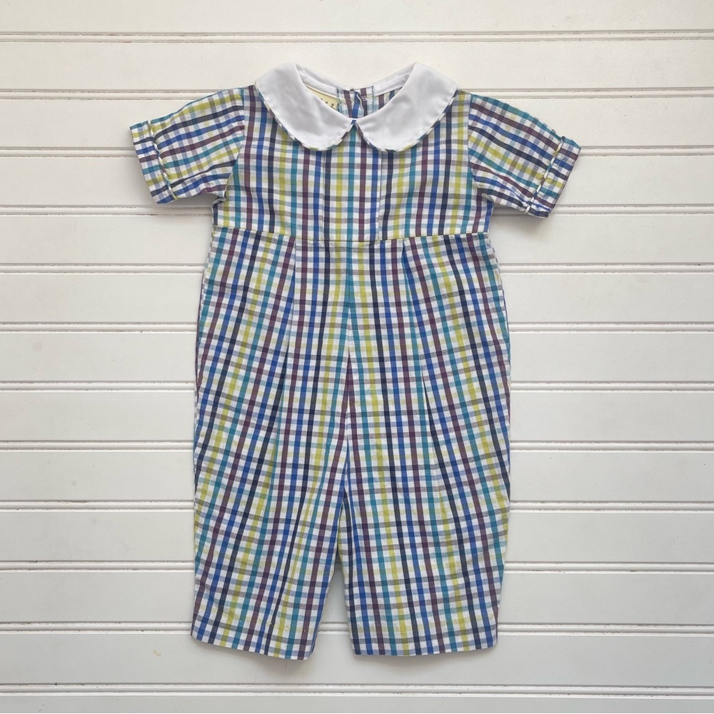 LE ZA ME EUC/LN Boys Colorful Gingham Peter Pan Collar Spring Bubble Romper